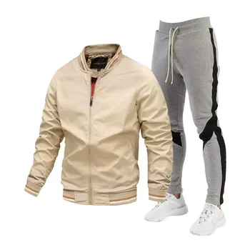 Ilkbahar ve Sonbahar Yeni erkek Ceket Seti Moda Ayakta Boyun Fermuar Rüzgar Geçirmez Üstleri + Pantolon İki Parçalı Rahat Spor Beyzbol Ceket