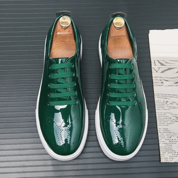 İlkbahar Sonbahar Deri Ayakkabı Yüksek Kalite Patent Deri rahat ayakkabılar Lace Up Sneakers Yeşil Moda Taban Tasarımcı Deri Ayakkabı