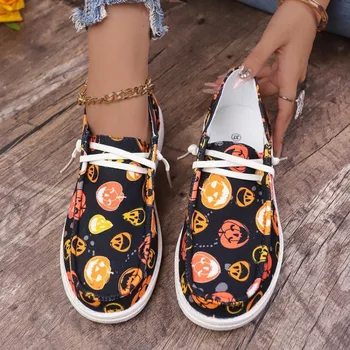 Kadın Ayakkabı 2024 Sonbahar Yeni Moda Cadılar Bayramı Kabak Baskı Konfor Ayakkabı Nefes Tuval rahat ayakkabılar Slip-on Daireler