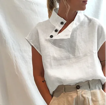Kadın Standı Yaka bol tişört 2023 Moda Patchwork Net Hollow Out Bluz Üstleri Rahat Kısa Kollu Pamuklu Keten Gömlek Blusa