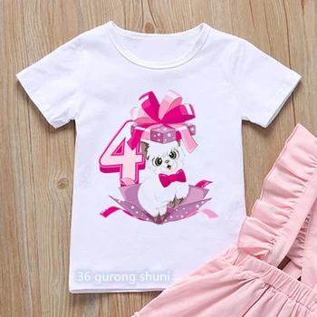 Kawaii Kız T-Shirt Komik Kedi Grafik 2-6years Eski Doğum Günü Numarası Hediye Kostüm Bebek Kız Giysileri Yaz Çocuk Gömlek Tops