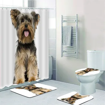 Komik Gülüyor Yorkshire Terrier Köpek Banyo Duş perde seti Oturma Yorkie Yavru Köpek Banyo Paspasları Kilim Tuvalet Banyo Seti