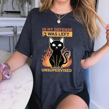 Komik Siyah Kedi T Shirt Kadınlar için Ben Oldu Sol Sürpriz Baskı Elbise Kısa Kollu Üstleri günlük t-shirt Yaz Gevşek Üstleri Kadın