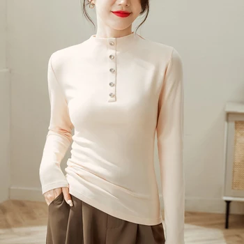 Kore Moda Düğmesi T Shirt Kadın Sonbahar pamuklu uzun kollu tişört Üstleri Tee Gömlek Femme Katı İnce Dip T-Shirt Bayan Giyim