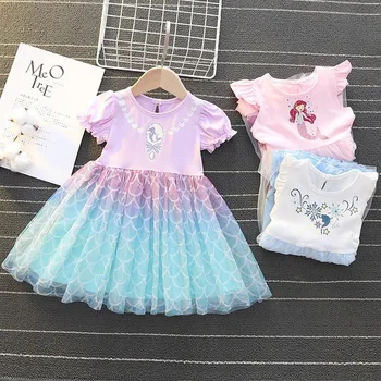 Küçük Kızlar Kar Kraliçesi Giyinmek Bebek Belle Parti Katmanlı Kostüm Çocuklar Elsa Ariel Denizkızı Cadılar Bayramı Cosplay pamuklu giysiler 1-6T