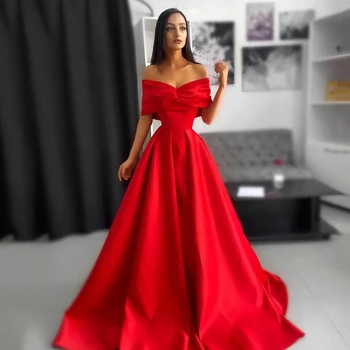 Kırmızı Bir Çizgi Saten Balo Elbise Kapalı Omuz V Boyun Abiye giyim Özelleştirilmiş Dubai Parti Elbiseler