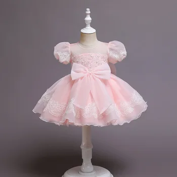 Kız Bebek Parti Elbise Zarif Büyük Yay Dantel Prenses Elbise Düğün 1-7Y Doğum Günü Çiçek Kız Performans Elbise Bebek Giysileri