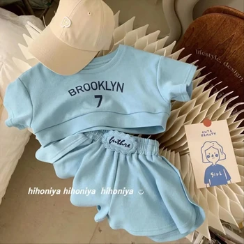 Kız Bebek Yaz Seti Yeni çocuk Yuvarlak Boyun Mektup Pamuk kısa kollu tişört Şort İki Parçalı Set Moda