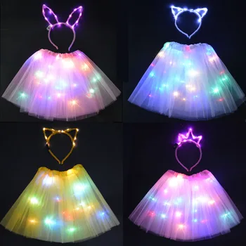 Kız kadın LED etek peri ışık Tutu Glow kedi tavşan kulak taç parti doğum günü kostüm noel cadılar Bayramı noel