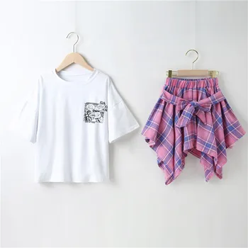 Kız çocuk eteği yaz elbisesi 2023 Yeni Kore Versiyonu Takım Elbise çocuk Yabancı Stil Etek Kısa Kollu Ekose Etek İki Parçalı Set