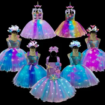 Kızlar Pastel elbiseler LED ışıkları ile çocuklar doğum günü Partisi parlayan Elbise çocuk denizkızı kostümleri bebek kız gökkuşağı ünikorn Tutu
