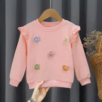 Kızlar Saf Pamuklu Kazak İlkbahar ve Sonbahar Yeni Kız Bebek Moda 3D Üç Boyutlu Çiçek Kazak çocuk tTop1-7Y