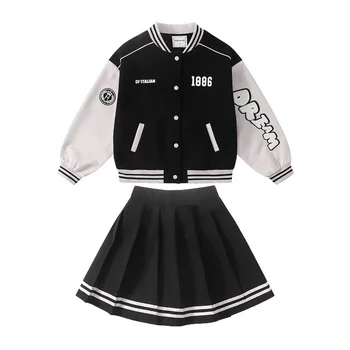 Kızlar Spor Moda Beyzbol Ceket Etek 2 Adet Okul Gençler Eşofman 5 İla 13 Yıl Çocuk Giyim Seti Siyah Çocuk Kıyafetleri