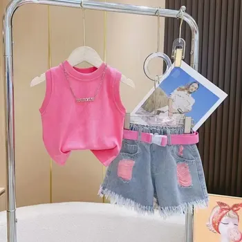 Kızların Kot Şort Takım Elbise Yaz 2023 Yeni Çocuk Kıyafetleri Kore Versiyonu Küçük Kızların Moda Şort T-shirtTwo parçalı Set 4-10T