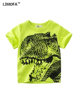 LJMOFA Erkek Bebek Yaz Plaj T-Shirt Çocuk Yürümeye Başlayan Çocuk Karikatür Hayvanlar Dinozor Pamuk Yeşil Baskı Elbise D194