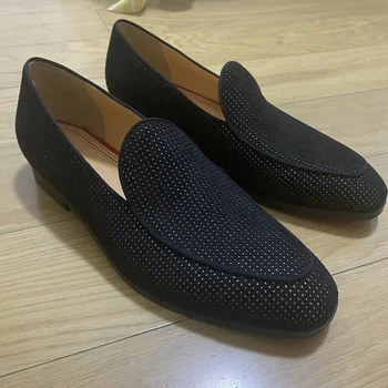 LOUBUTEN Siyah Hollow Out Süet Loafer'lar Moda Yaz Kayma Lüks Tasarımcı Elbise Ayakkabı El Yapımı rahat ayakkabılar Erkekler İçin