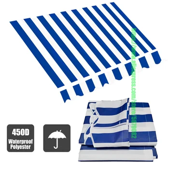 Mavi + Beyaz Şeritler 450D Poli Kumaş Açık Tente Gölgelik Değiştirme Bezi Su Geçirmez Terzi Kollu Mağaza Afiş UV Blok 