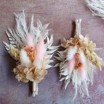 Mini Kurutulmuş Çiçek Yaka Nedime Korsaj Boho Rustik Düğün Damat ve Groomsmen Tozlu Pembe Dekorasyon