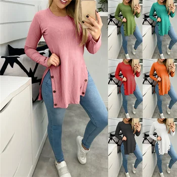 Moda Kadın Üstleri Katı O - Boyun Yarık Düğmeler Taraflı Rahat Gevşek Uzun Kollu Kadın T-Shirt Kazak Artı Boyutu Elbise