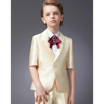 Moda Çocuk Giysileri Erkek Saten Şal Yaka Bir Düğme Blazer Podyum Sahne Performansı Ev Sahibi Kostüm Düğün Takım Elbise Erkek 2 Adet