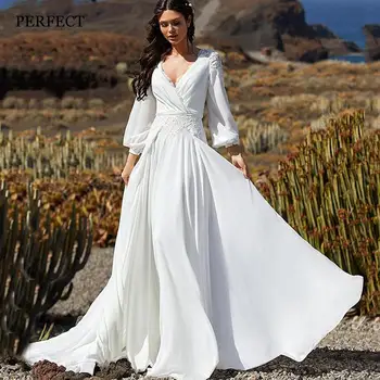 MÜKEMMEL Bohemian V Yaka Plaj düğün elbisesi Uzun Kollu Sheer Geri Şifon gelinlikler Dantel Aplikler Ülke Robe De Mariee