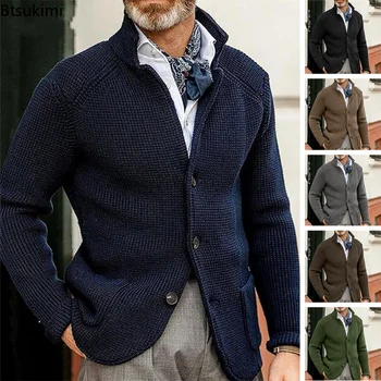 New2023 Erkek Standı Yaka Örme Ceket Uzun Kollu Kazak Hırka Ceket Katı Kalın Sıcak Rahat Hırka Örgü Sweatercoat