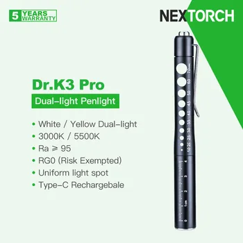 Nextorch Dr. K3 Pro Profesyonel Tıbbi / Doktor Penlight, Beyaz / Sarı çift ışıklar, Ra≥95, RG0 (Riskten Muaf),C Tipi şarj Edilebilir
