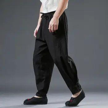Pamuk Keten Erkekler Harem Tai Chi Dövüş sanatları Kung Fu Pantolon Çin Tarzı Sweatpant Jogger Casual Egzersiz Meditasyon Pantolon Giyim