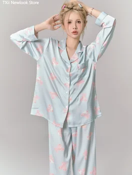 [Pembe Mavi Ayı] Pijama kadın 2023 Yeni Sonbahar Buz İpek Uzun Kollu Pantolon Ev Takım Elbise Sevimli İlkbahar ve Sonbahar