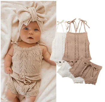 Plaj Yaz Giysileri Yenidoğan Bebek Kız Fırfırlı Kuşgözü Örme Tulum + Pantolon Kıyafetler 2 adet Setleri