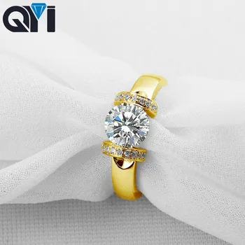 QYI Kadınlar Takı 14K Katı Sarı Altın Yüzük Nişan 1.25 Ct Yuvarlak Mozanit Pırlanta Yüzük düğün takısı Hediye
