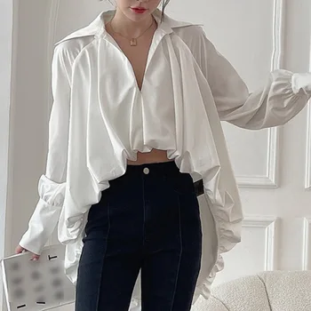 Rahat Gevşek Düzensiz Hem Gömlek Kadınlar İçin V Boyun Uzun Kollu Katı Asimetrik Bluzlar Kadın Sonbahar Kadın Giyim Yeni