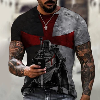 Samurai Desen Tapınak Şövalyeleri 3D Baskı T-Shirt Retro Tarzı Avrupa Ve Amerikan Sokak Kısa Kollu T Gömlek Erkekler Tees Tops