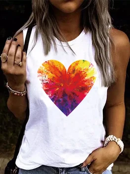 Sevgililer Kravat Boya Kalp Tankı Üstleri Kadınlar için Moda Kolsuz Gömlek Casual T-Shirt Yaz Plaj Tatil Sevimli Grafik Tees