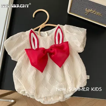 Sevimli Bebek Bodysuit-Kore Tarzı Kısa Kollu Kelebek Yay ve Tavşan Kulak Detayları Bebek Çocuk Kız 0-2 Yaşında