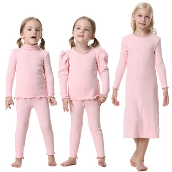 Sisters Kardeşler Aile Katı Puf Kollu Ekip Boyun Giysileri Eşleşen Çocuklar Kıyafetler Kızlar Rahat Temel Takım Elbise Bebek Erkek Pijama