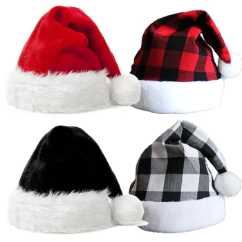 Siyah Kırmızı Noel Şapka Peluş Noel Baba Noel Şapka Mutlu Yeni Yıl Noel Kostüm Dekorasyon Hediyeler Yetişkin Çocuklar için Sıcak Kapaklar