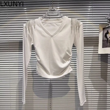 Sonbahar Kadın T Shirt Taklidi Püsküller Uzun Kollu Pamuklu V Boyun T Shirt Moda İpli Omuz Pedi İnce Beyaz Bayanlar Tops