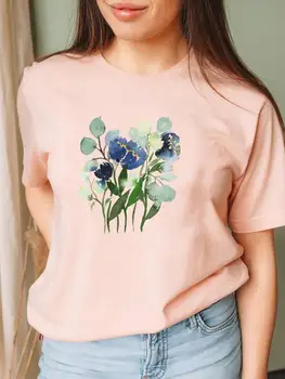 Suluboya Çiçek Güzel Sevimli Giyim Moda Rahat Karikatür Tişörtleri Yaz Tee Kadın Bayan Baskı T-Shirt Grafik T Üst