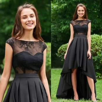 Sıcak Satış Güzel Siyah Mezuniyet elbiseleri Yüksek Düşük Dantel Kokteyl Elbiseleri Cap Kollu Parti Törenlerinde Illusion Yaka 2022 Son