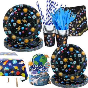 Uzay Temalı Parti Malzemeleri Uzay Doğum Günü Süslemeleri Çocuklar için Galaxy Parti Dekor Mutlu Doğum Günü Partisi Tek Kullanımlık Sofra Seti