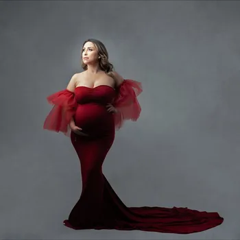 Uzun Firar hamile elbisesi Photoshoot Gebelik İnce Fotoğraf Mermaid Elbiseler Straplez Hamile Kadın Bebek Duş Elbisesi