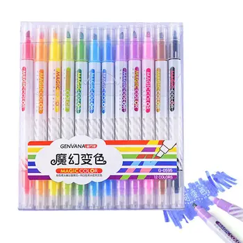Vurgulayıcı işaretleme kalemleri Seti Çift İpuçları Çeşitli 12 Renk işaretleme kalemleri Çeşitli Renkler Değişen Kalem Seti Çocuklar İçin Günlüğü Karikatür