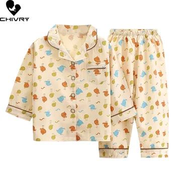 Yeni 2022 Çocuk Erkek Kız Pijama Rahat Karikatür Uzun Kollu Yaka Gömlek Üstleri Pantolon ile Bebek Yaz Gevşek Uyku Giyim setleri