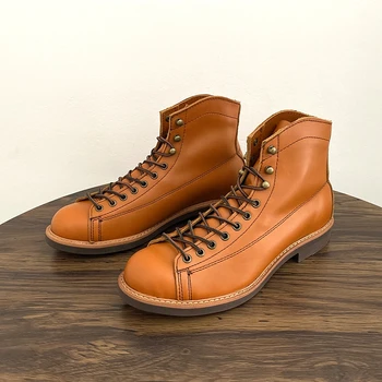 Yeni El Yapımı Kanatları günlük erkek ayakkabısı Vintage İngiliz Gerçek İnek Deri yarım çizmeler Takım Çalışması Yuvarlak Ayak Motosiklet Botları Sonbahar