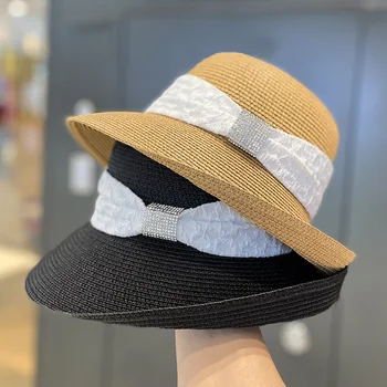 Yeni Hepburn Tarzı Hasır Şapka Kadın Elegance Yay Gölgeleme Kıvırcık Kenar SunHat Kadın Yaz plaj şapkası Japonya Tatil Parti Kap UPF50+
