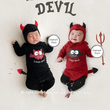 Yenidoğan Bebek Giysileri Pamuk Karikatür Imp Baskılı Desen Uzun Kollu Bodysuits ve Şapka Setleri Erkek Kız cadılar bayramı kıyafetleri