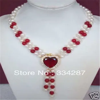 YENİ Doğal 6-7MM tatlısu Beyaz İnci ve Kırmızı Kalp Kuvarsit stoneNecklace 18 inç