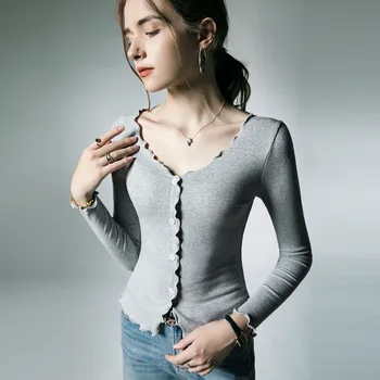 Yüksek Kalite 2023 Kadın T-shirt Lifli Kenar Düğmesi Kadın Sonbahar Seksi Kırpma üst Giysi Rahat Bluzlar Grace Toplantı Y2K