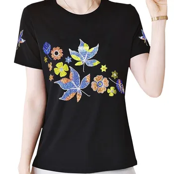 Yüksek Kaliteli Kısa Kollu Moda Yaz Kadın T Shirt Renkli Akçaağaç Yaprağı Serisi Sıcak Matkap Kadın Pamuk Anne Tees Tops